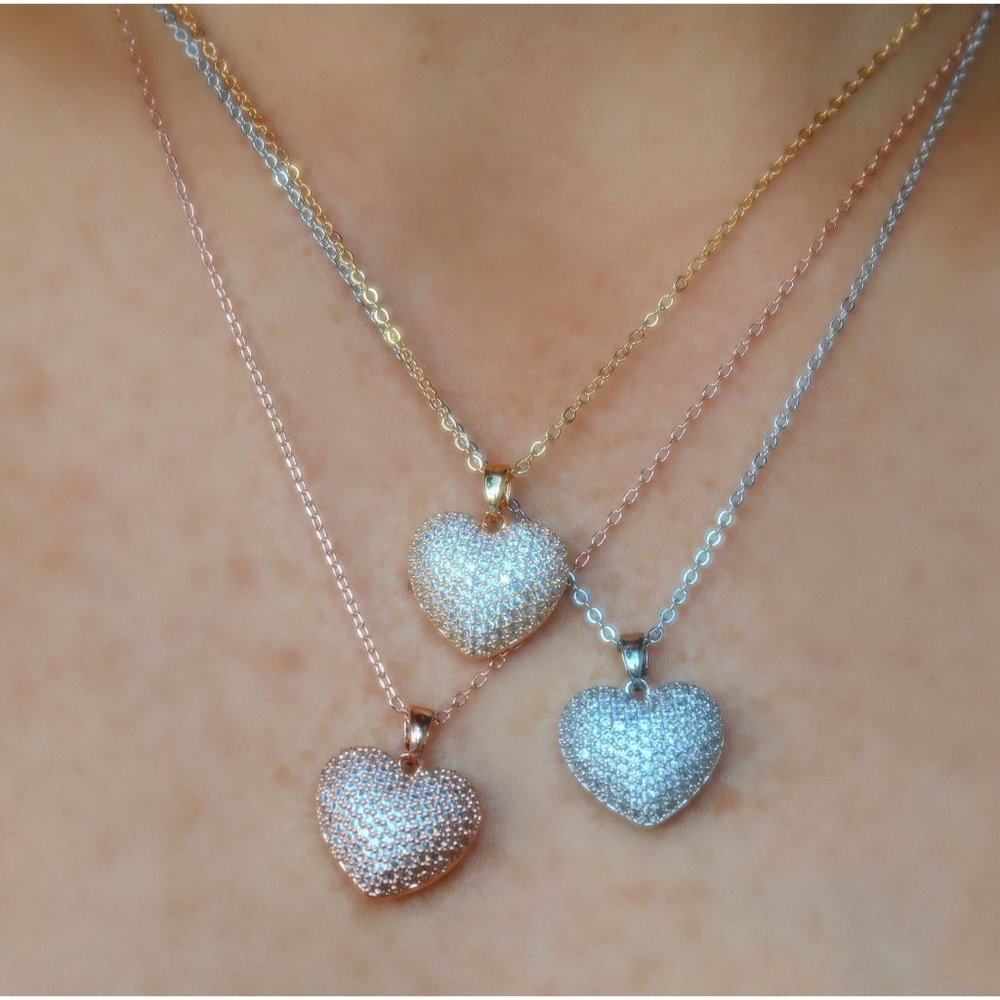 Diamond CZ Heart Pendant Necklace, Dainty Heart Necklace, Anniversary Necklace
